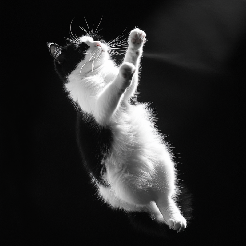 Gato blanco y negro saltando
