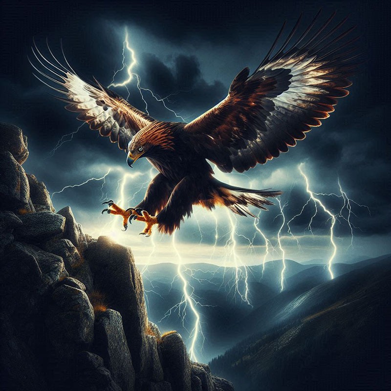 Águila volando bajo una tormenta