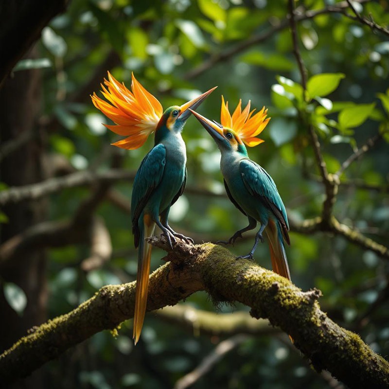 Dos aves de vistoso plumaje sobre una rama