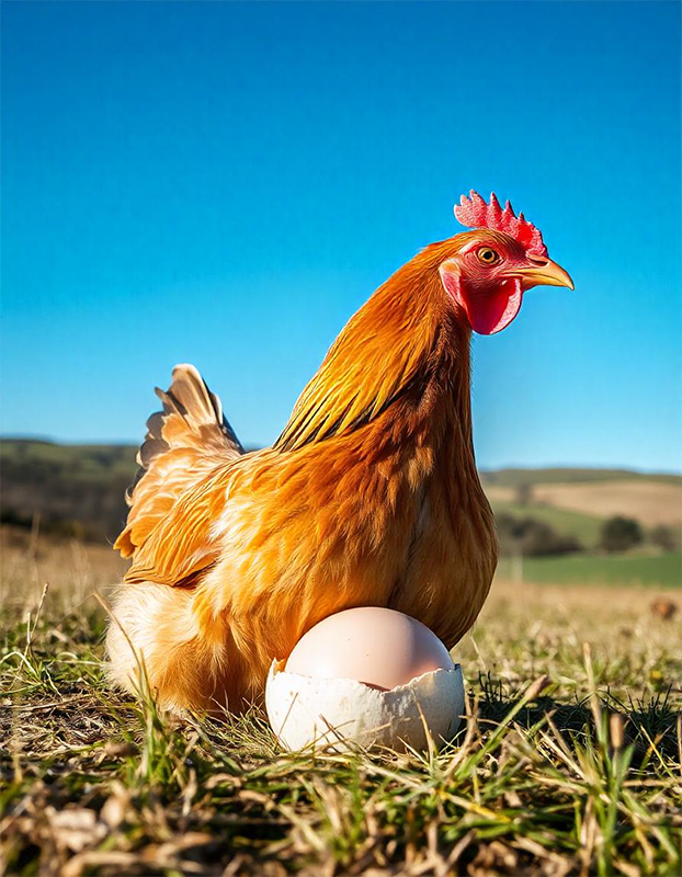 Gallina junto a un gran huevo