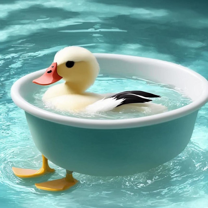 Pato en una pequeña bañera flotante