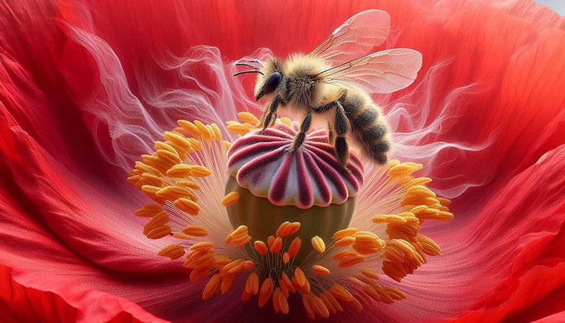 Abeja sobre una flor roja