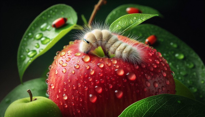 Pequeña oruga sobre una manzana roja