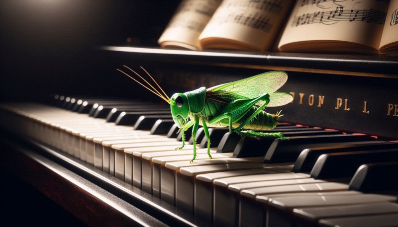 Saltamontes sobre las teclas de un piano