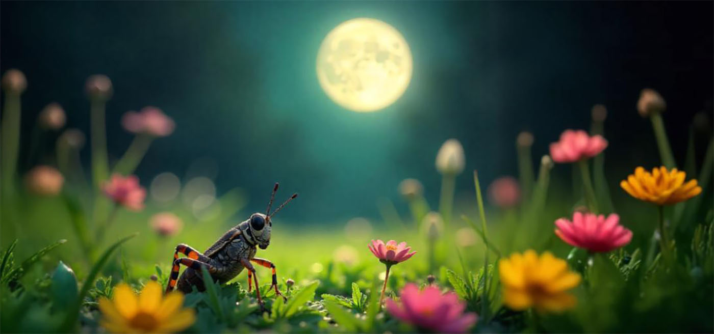 Saltamontes entre flores bajo la luna